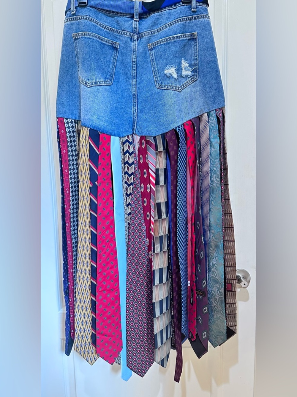 Upcycled Multicolor Tie-Strip Denim Maxi Skirt size L - Picture 7 of 7